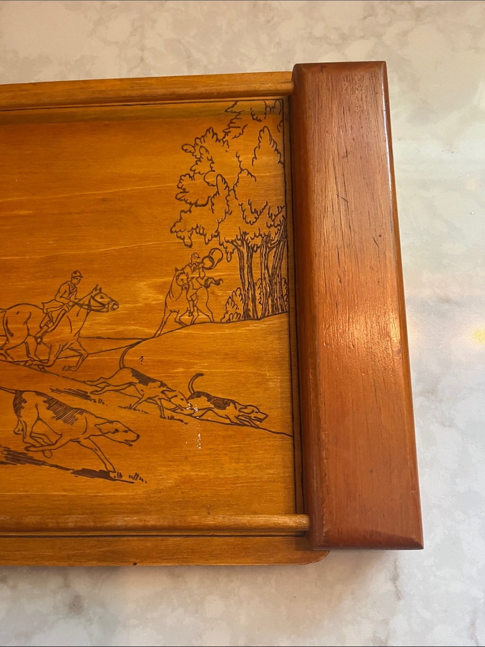 Vintage wood tray Pyrography Fox hunting scene Handmade - Picture 5 of 6